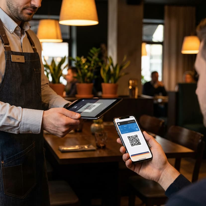 Mesero escaneando pase digital para medir repetición de compra